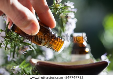 pour rosemary essential oil in a bowl Royalty-Free Stock Photo #549749782