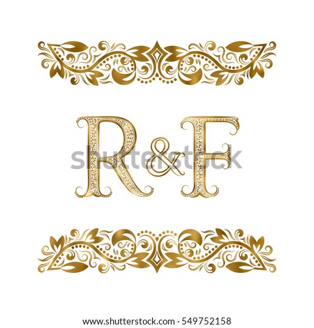 R and F vintage initials logo symbol. The letters are surrounded by ornamental elements. Wedding or business partners monogram in royal style.