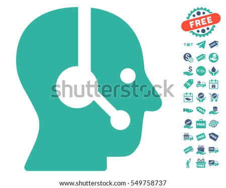 Operator pictograph with free bonus pictures. Vector illustration style is flat iconic symbols, cobalt and cyan colors, white background.