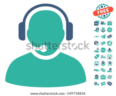 Operator pictograph with free bonus clip art. Vector illustration style is flat iconic symbols, cobalt and cyan colors, white background.