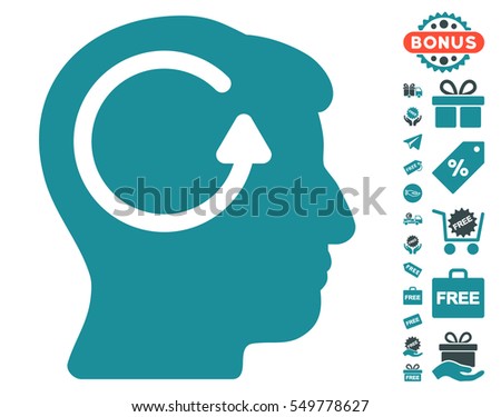 Refresh Head Memory pictograph with free bonus clip art. Vector illustration style is flat iconic symbols, soft blue colors, white background.