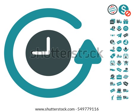 Restore Clock pictograph with free bonus pictograms. Vector illustration style is flat iconic symbols, soft blue colors, white background.