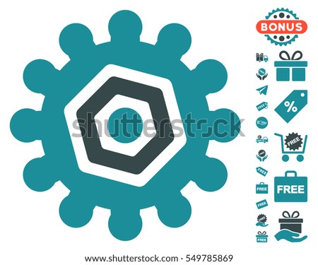 Gear pictograph with free bonus pictograms. Vector illustration style is flat iconic symbols, soft blue colors, white background.