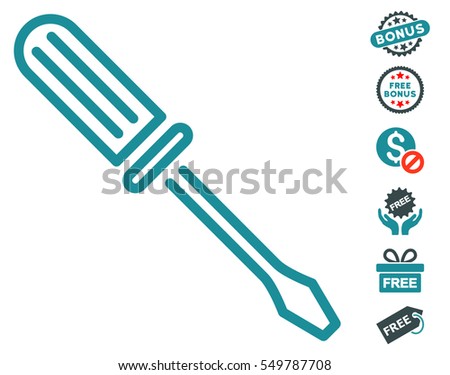 Contour Screwdriver icon with free bonus pictograms. Vector illustration style is flat iconic symbols, soft blue colors, white background.