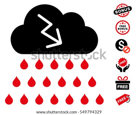 Thunderstorm Rain Cloud pictograph with free bonus graphic icons. Vector illustration style is flat iconic symbols, intensive red and black colors, white background.