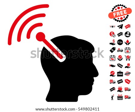 Radio Neural Interface pictograph with free bonus clip art. Vector illustration style is flat iconic symbols, intensive red and black colors, white background.