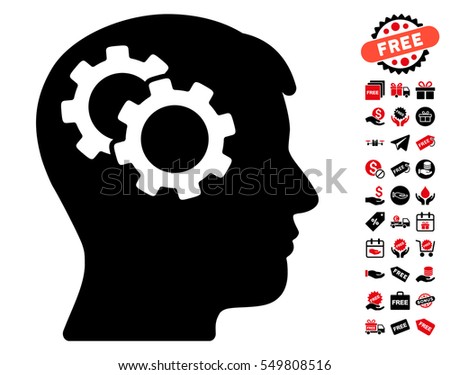 Intellect Gears icon with free bonus images. Vector illustration style is flat iconic symbols, intensive red and black colors, white background.