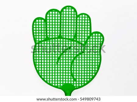 Fly swatter in the shape of a hand on a white background.