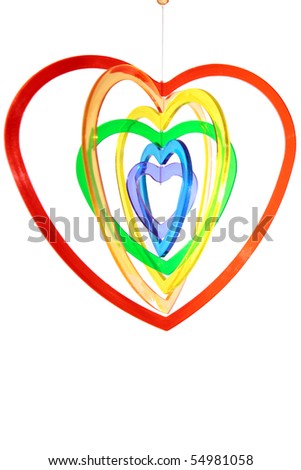 six heart shaped plastic pieces hanging one inside the other on a white background