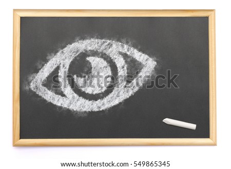 Blackboard with an eye drawn on and a single chalk.(series)