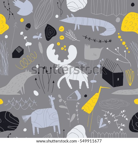 Seamless cute pattern with animals, plants, rocks and houses. Forest children's background can be used for your design.Textile, blog decoration, banner, poster, wrapping paper.
