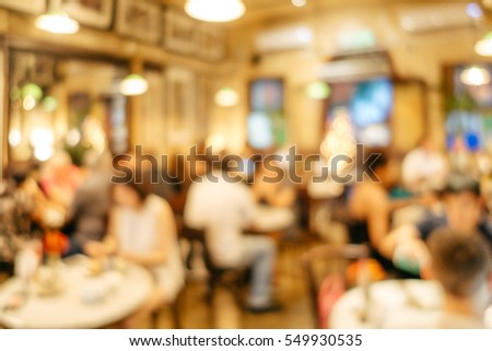 Abstract blurred restaurant interior background, with customers. Blurred background. Retro restaurant interior background. 