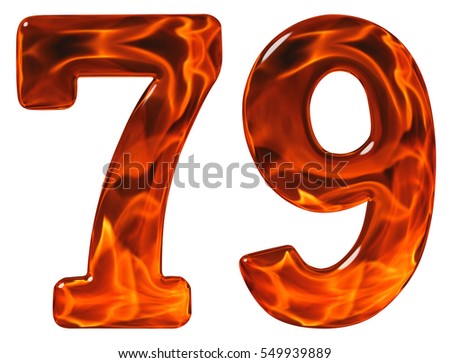 79, seventy nine, numeral, imitation glass and a blazing fire, isolated on white background