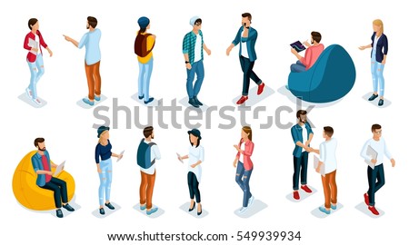 Trendy Isometric young people, teenagers and students. Creative people in the modern hipster clothing, shoes, jeans, hats, with modern gadgets, Freelancers on white background isolated. Royalty-Free Stock Photo #549939934