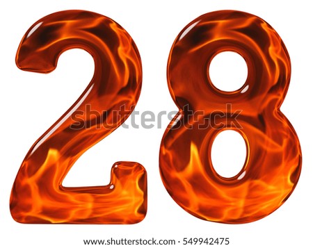 28, twenty eight, numeral, imitation glass and a blazing fire, isolated on white background