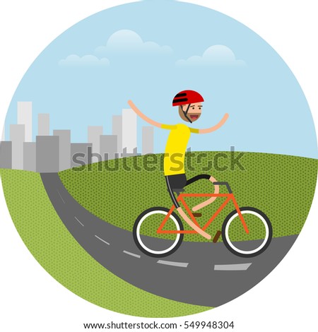 vector illustration of happy biker riding bicycle in the nature, enjoying the ride