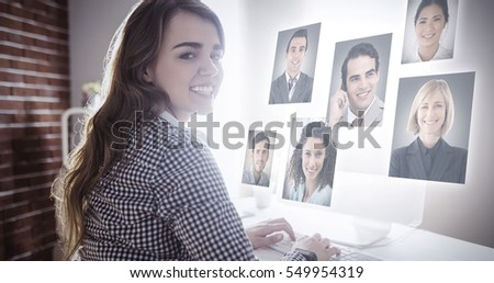 Profile pictures against young woman typing on computer