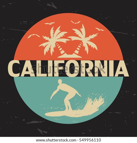 California. USA. Typography for the design of clothing, t-shirts. Gulls, sun, palm, wave surfer on a surfboard. A circle. Graphics for printed materials. Vector illustration.