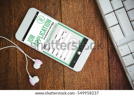 Job application against white smartphone with white headphones
