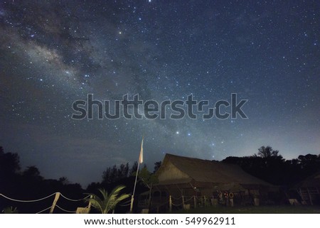 A beautiful view of the Milky Way in Kudat Sabah Borneo. Long exposure photograph with grain. Image contain certain grain or noise and soft focus.
