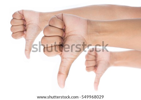 Man's hand making sign dislike isolated on white background