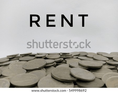 Flat lay design concept - Word Rent with Malaysia coins isolated on the white background  