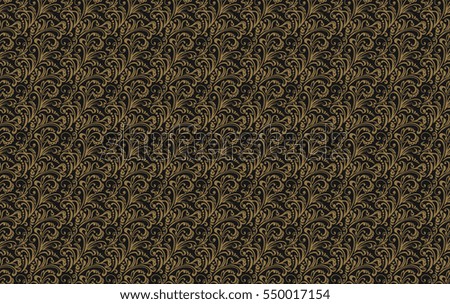 Seamless pattern. Vintage style background with floral ornaments. Abstract composition with gold elements on a black horizontal backdrop. Illustration with an elegant design.