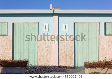 Closed beach toilet facility in winter