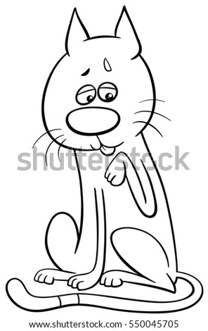 Black and White Cartoon Illustration of Cat Animal Character Licking his Paw Coloring Page