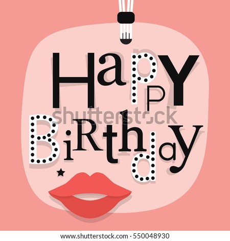 Abstract close up of hanging Happy Birthday message with woman lips on pink gift tag - with funky different font faces arrangement