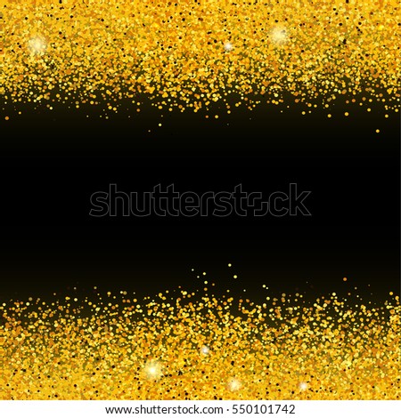 Golden glittery horizontal frame. Bright shining background with golden particles. Vector illustration for your graphic design.