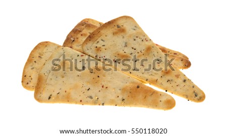 Seasoned pizza crust chips isolated on a white background.