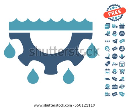 Water Gear Drops icon with free bonus design elements. Vector illustration style is flat iconic symbols, cyan and blue colors, white background.