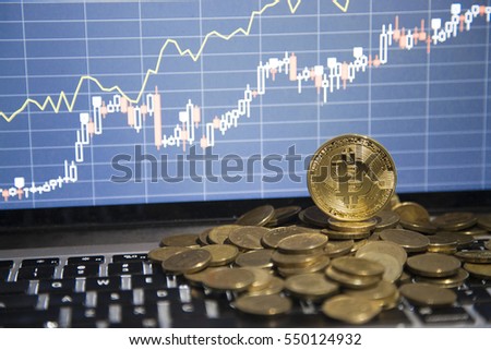 Financial growth concept with golden Bitcoins ladder on forex chart background. Photo (new virtual money)