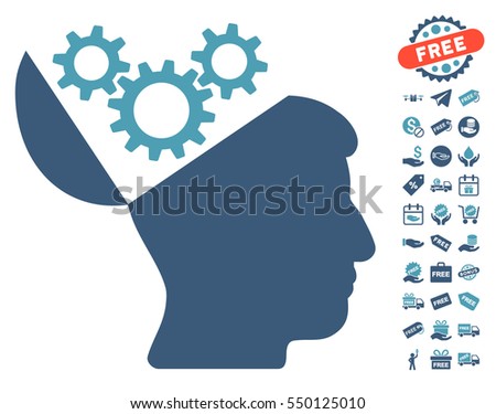 Open Mind Gears pictograph with free bonus clip art. Vector illustration style is flat iconic symbols, cyan and blue colors, white background.