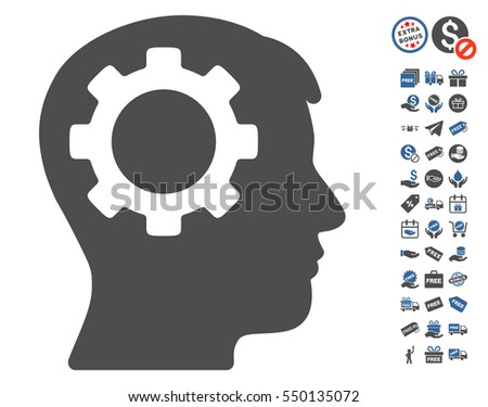 Intellect Gear icon with free bonus symbols. Vector illustration style is flat iconic symbols, cobalt and gray colors, white background.