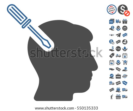 Head Surgery Screwdriver pictograph with free bonus design elements. Vector illustration style is flat iconic symbols, cobalt and gray colors, white background.
