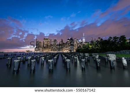 View of Manhattan skyline at night, NYC
