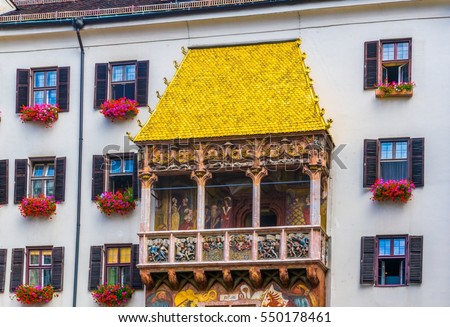 Detail of the famous goldenes dachl in Innsbruck, Austria. Royalty-Free Stock Photo #550178461