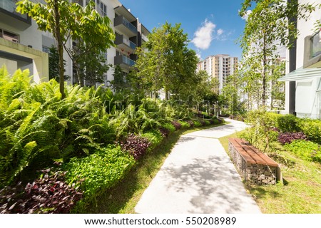 walk way of modern residential buildings, Facade of new low-energy houses Royalty-Free Stock Photo #550208989