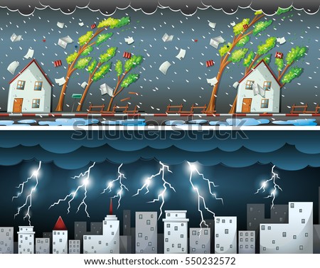 Two scenes with thunders and storms illustration