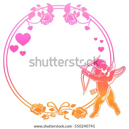 Cupid with bow hunting for hearts. Color gradient frame with Cupid, roses and hearts. Copy space. Raster clip art.