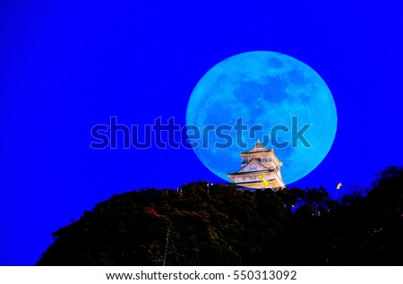 Gifu Castle with Blue full Moon Background, Japan. A Castle on the Hill.