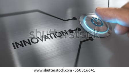Finger about to press a start button with the word innovation on the left. Composite between an image and a 3D background Royalty-Free Stock Photo #550316641