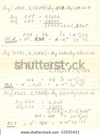 Old exercise book paper with mathematical formulas and calculations useful as background