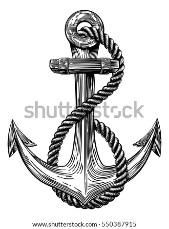 An original  illustration of a ships anchor and rope in a vintage woodcut woodblock style Royalty-Free Stock Photo #550387915