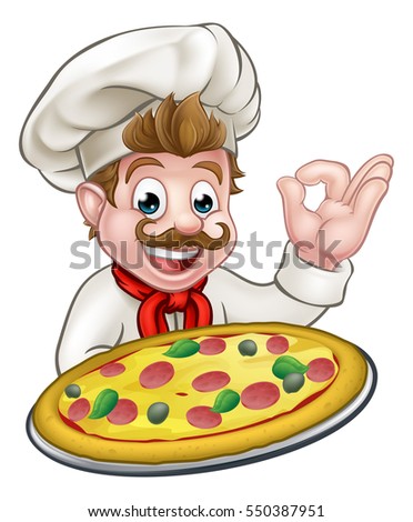 Cartoon chef holding a pizza and giving a perfect okay delicious cook gesture