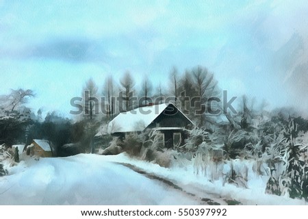 Winter snowy country road, with views of the cozy little house surrounded by forest.