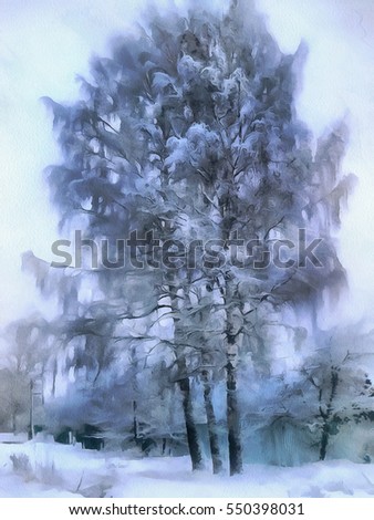 Birches frost, covered with snow. Illustration of frosty winter.