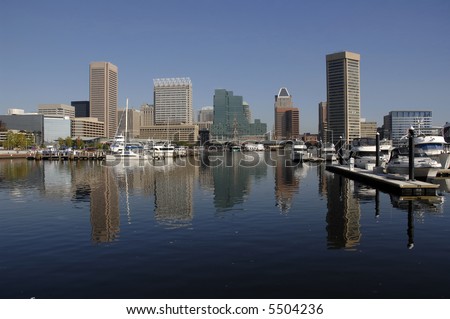 Baltimore city skyline across the inner harbor